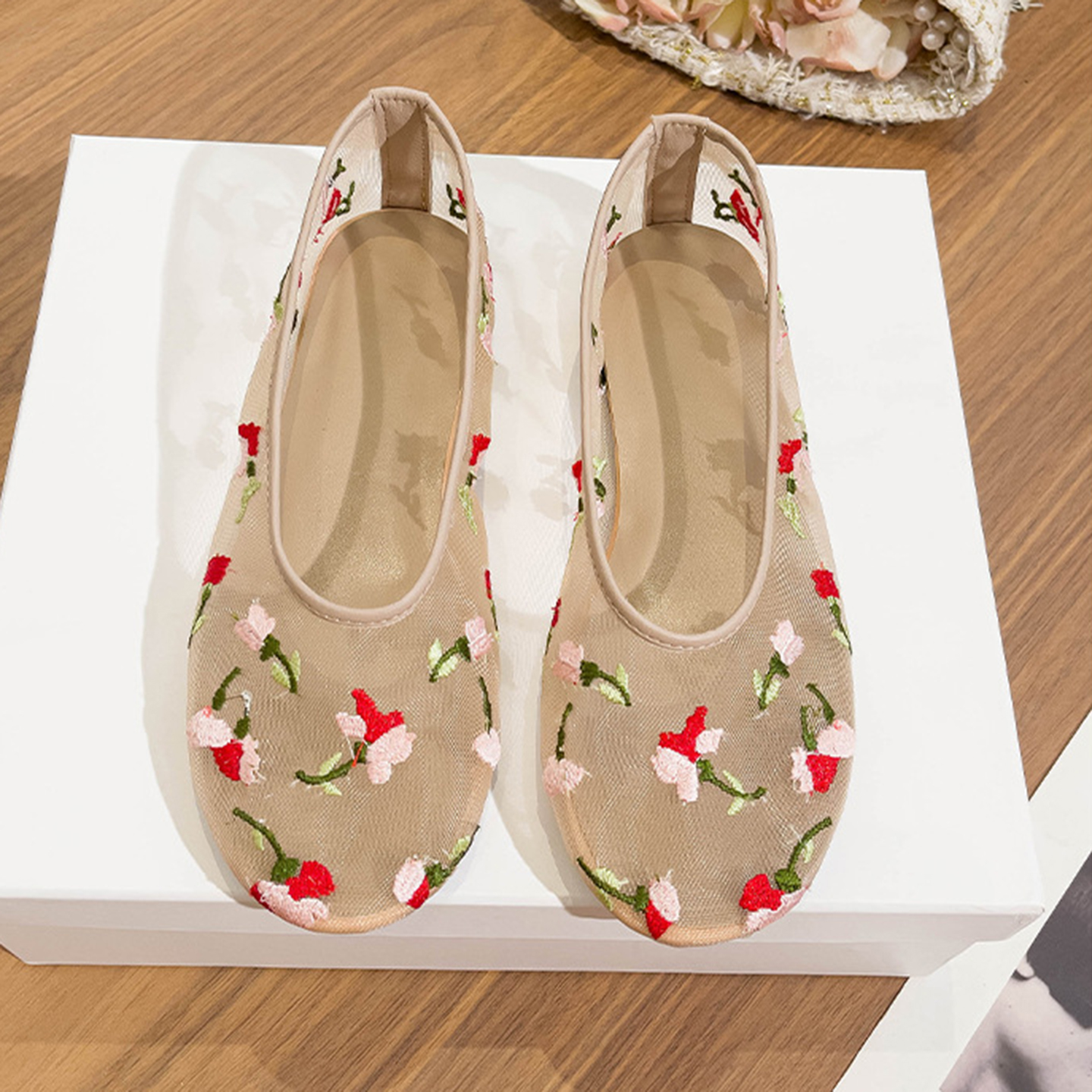 Ballet Flat Women - Hand Embroidered Flowers Designer Mesh Hollow