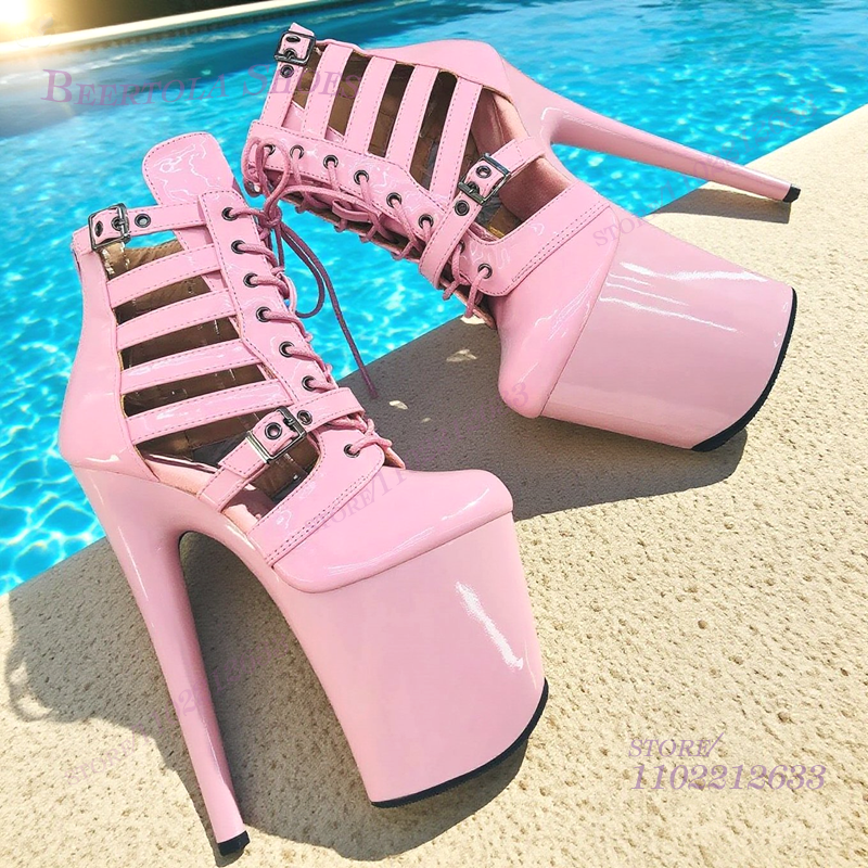 Women Shoes Black - Pink Patent Leather Striped Hollow Mesh