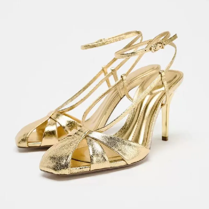 Women Shoes Luxury Brand - Fashion Gold Thin Heeled Sandals Women