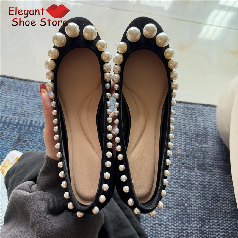 Retro Pearl Shallow Flat Shoes - Women Shoes Black のレビューと価格