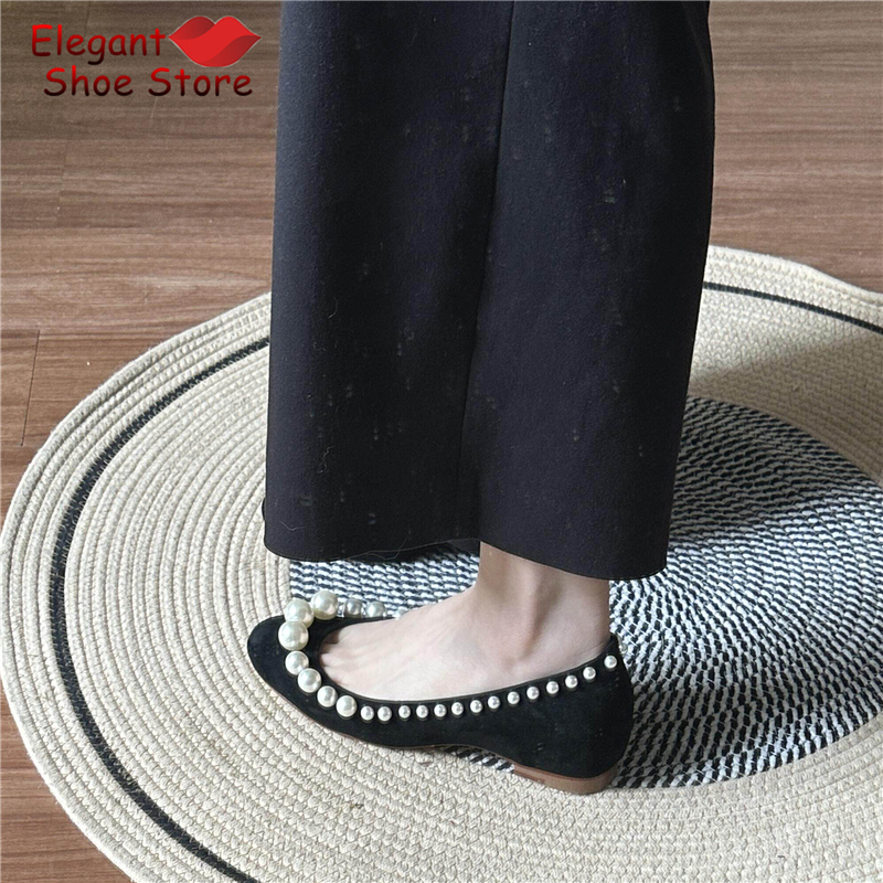 Retro Pearl Shallow Flat Shoes - Women Shoes Black のレビューと価格