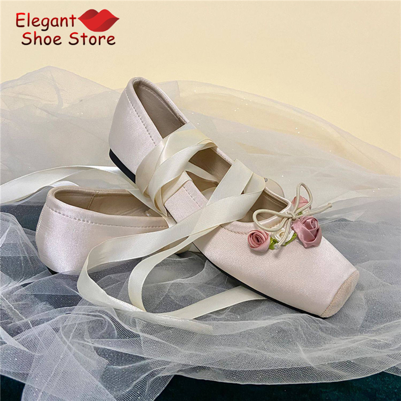 White Pink Rose Decor Satin Ba - Ballet Flat Women のレビューと価格