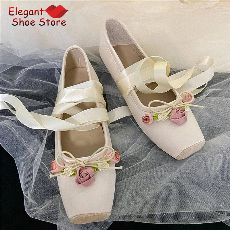 White Pink Rose Decor Satin Ba - Ballet Flat Women のレビューと価格