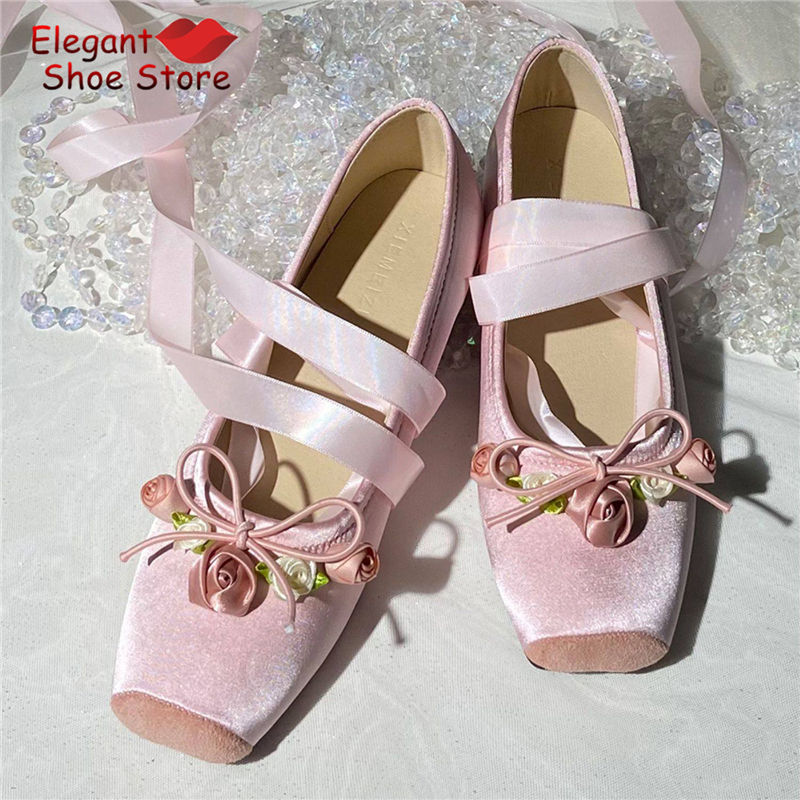 White Pink Rose Decor Satin Ba - Ballet Flat Women のレビューと価格