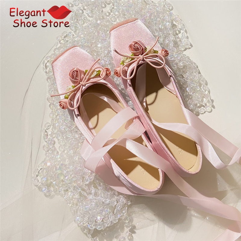 White Pink Rose Decor Satin Ba - Ballet Flat Women のレビューと価格